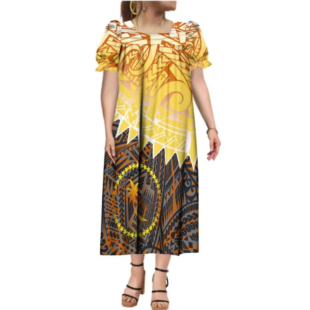 New Design 4 Way Stretch Custom Micronesia Mumu Chuuk Puff Sleeve Midi Puffy Dress Square Neck Plus Size Micronesian Dress Women