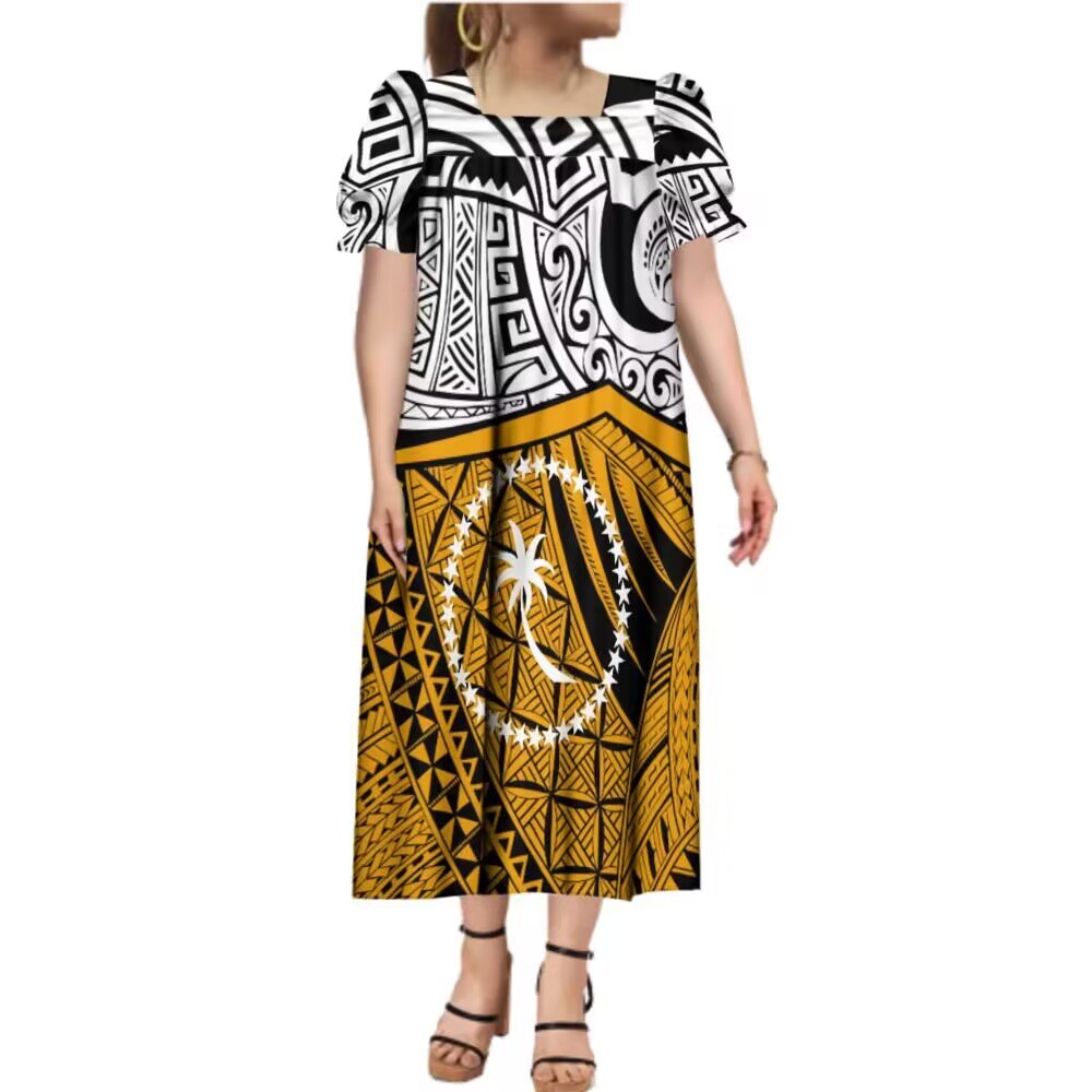New Design 4 Way Stretch Custom Micronesia Mumu Chuuk Puff Sleeve Midi Puffy Dress Square Neck Plus Size Micronesian Dress Women