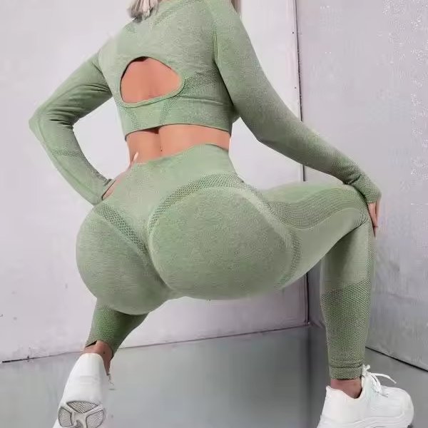 New Arrival Long Sleeve Crop Top High Waist Gym Legging Workout Sport Bra Seamless Ribbed Two Piece Yoga Sets For Women