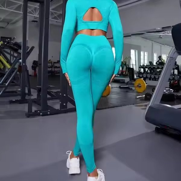 New Arrival Long Sleeve Crop Top High Waist Gym Legging Workout Sport Bra Seamless Ribbed Two Piece Yoga Sets For Women