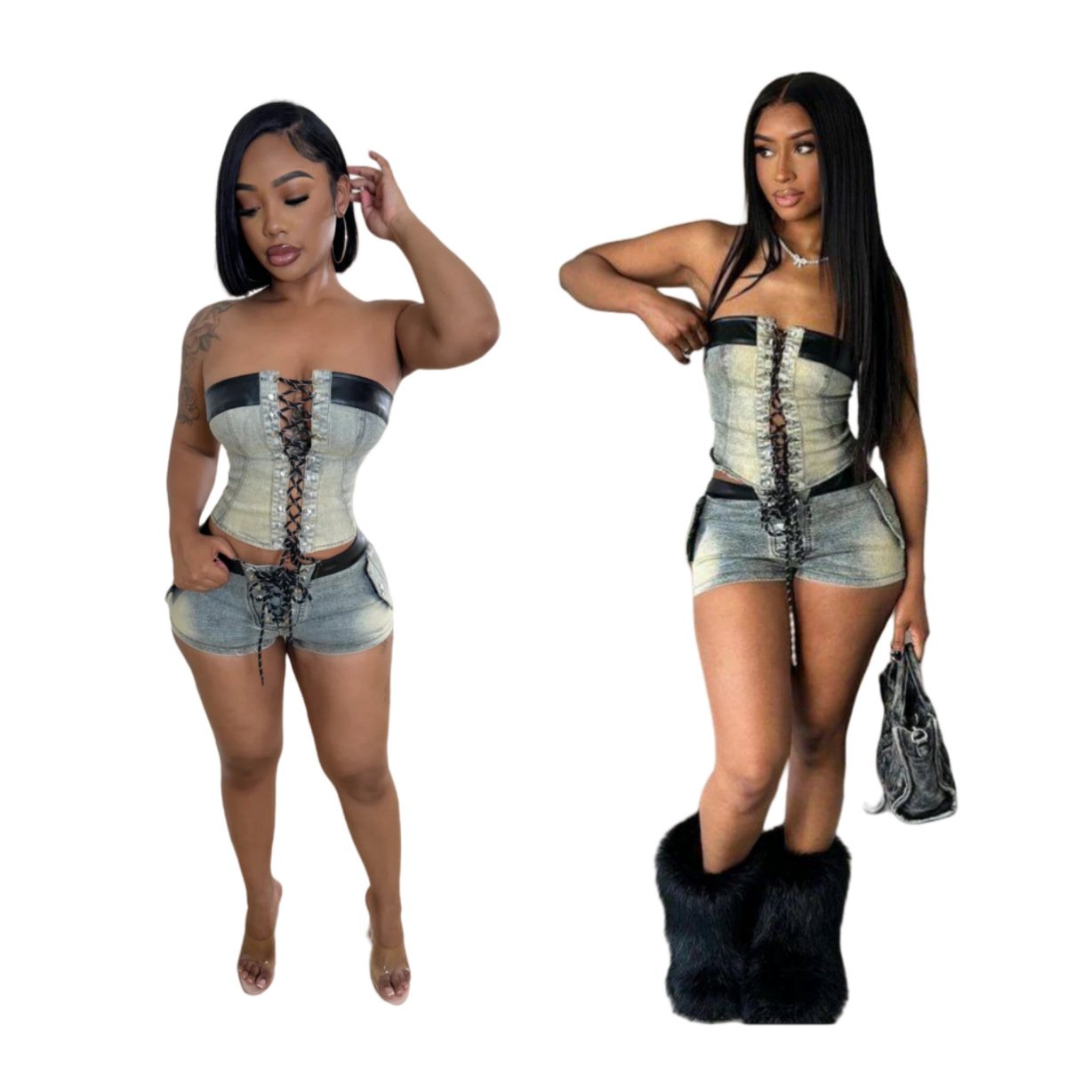 Sharee Summer Best Selling Sexy Denim Set Off Shoulder Sleeveless Bandage Tube Top High Waist Shorts Jean Sets For Women