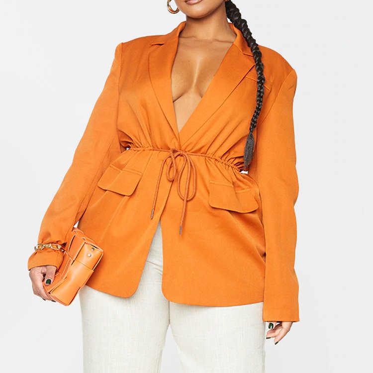 Undefined Wholesale High Quality Women fall plus size suit orange color tie-waist blazer for curvy ladies