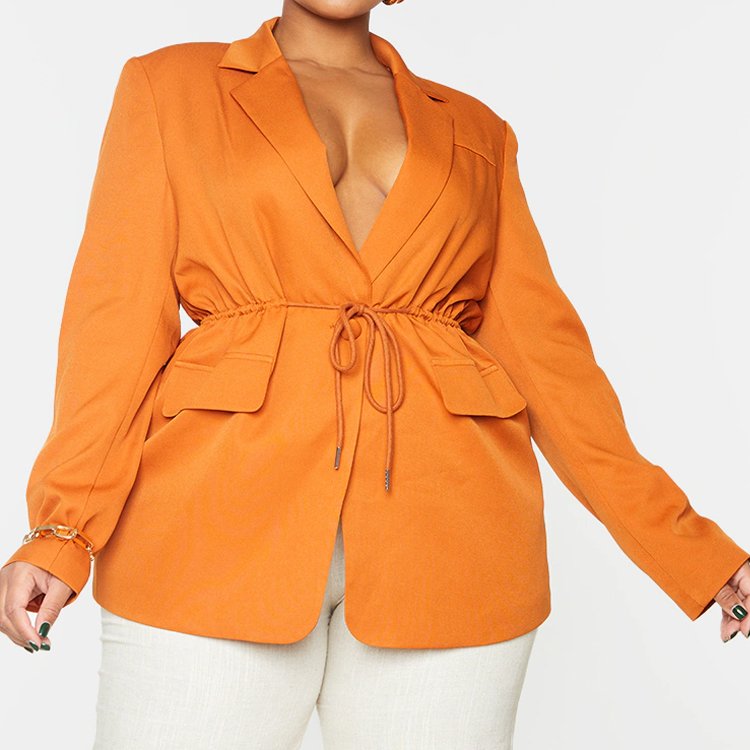 Undefined Wholesale High Quality Women fall plus size suit orange color tie-waist blazer for curvy ladies