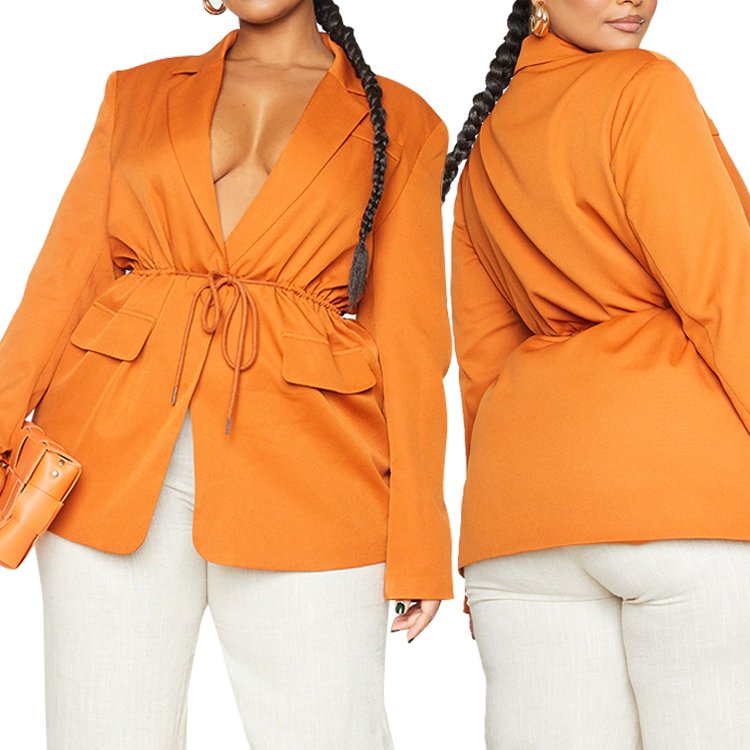 Undefined Wholesale High Quality Women fall plus size suit orange color tie-waist blazer for curvy ladies