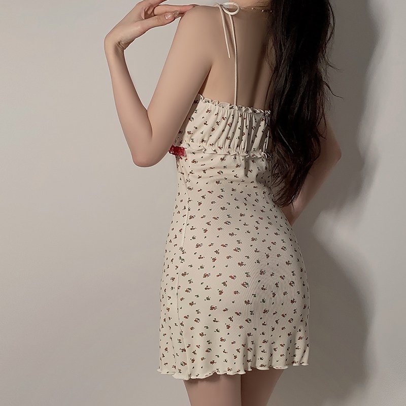 Detachable Chest Pad Pajamas Sweet Lace Floral Print Tie strap Sling Nightgown Pure Desire Style Home suit P4758