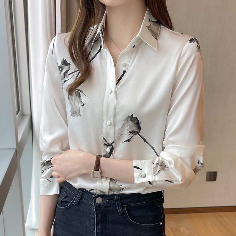 Silk Satin Blouses Women Tops Korean Fashion Long Sleeve Button Up Shirt Clothes Office Lady Floral V-Neck