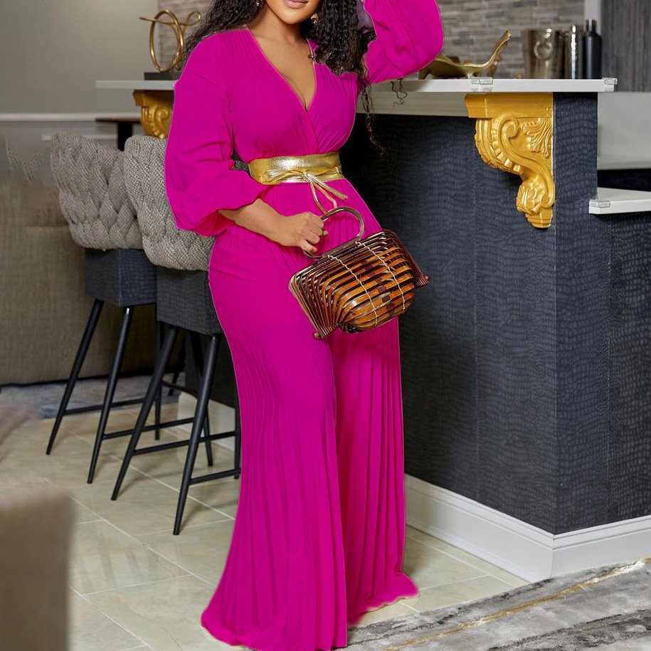 New Design V Neck Solid Color Wide Leg Trouser Three Quarter Sleeve Pleated Casual Plus Size Women's Clothing Jumpsuit