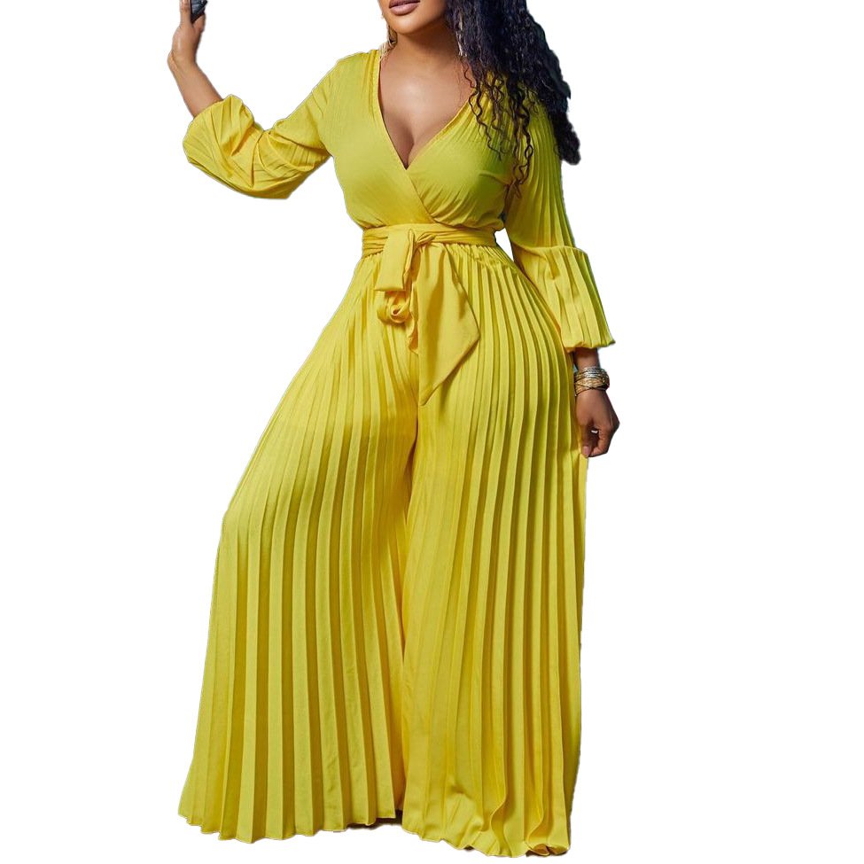 New Design V Neck Solid Color Wide Leg Trouser Three Quarter Sleeve Pleated Casual Plus Size Women's Clothing Jumpsuit