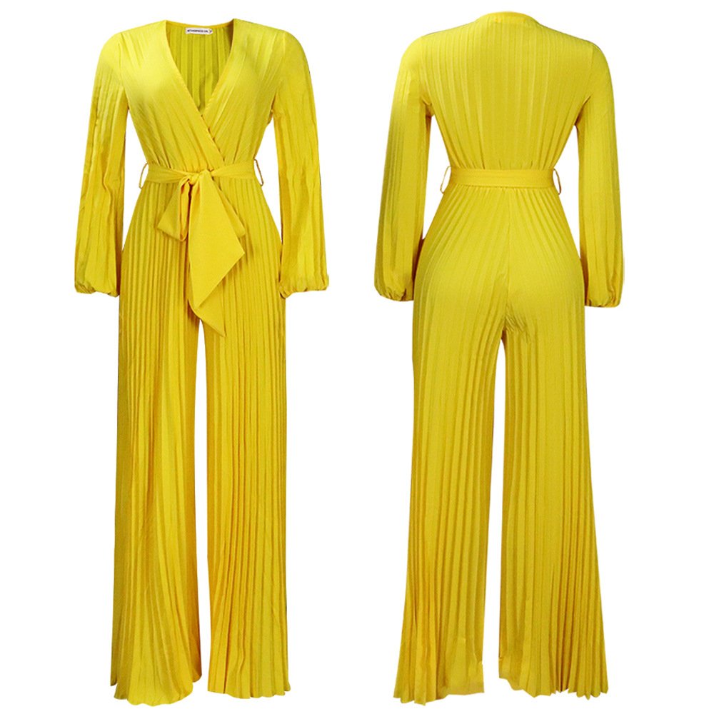 New Design V Neck Solid Color Wide Leg Trouser Three Quarter Sleeve Pleated Casual Plus Size Women's Clothing Jumpsuit