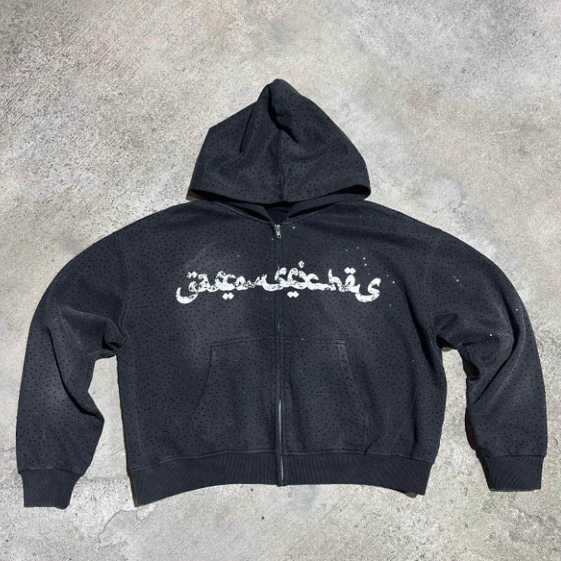Custom Screen Printing Flared Rhinestone Men Zip Up Oversized Soft Combed 500 GSM Heavy Distressed Acid Washed Sun Faded Hoodie