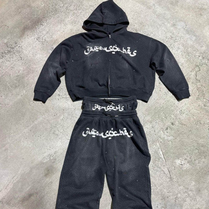 Custom Screen Printing Flared Rhinestone Men Zip Up Oversized Soft Combed 500 GSM Heavy Distressed Acid Washed Sun Faded Hoodie