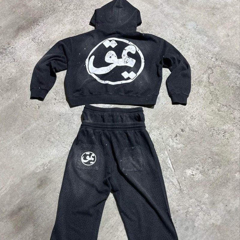 Custom Screen Printing Flared Rhinestone Men Zip Up Oversized Soft Combed 500 GSM Heavy Distressed Acid Washed Sun Faded Hoodie