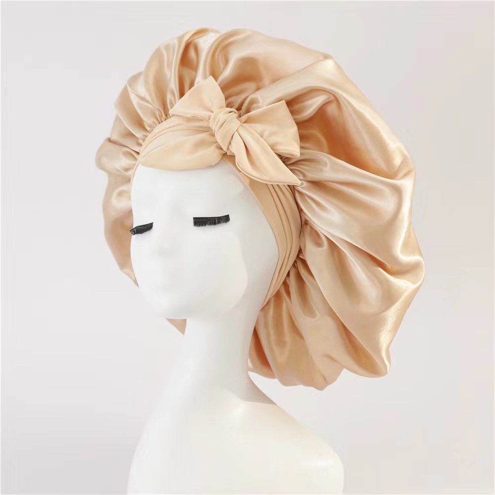 Custom Logo Long Large Braid Hair Women Head Sleeping Stain Bonnets and Satin Silk Hair Wraps Bowknot with Long Tie