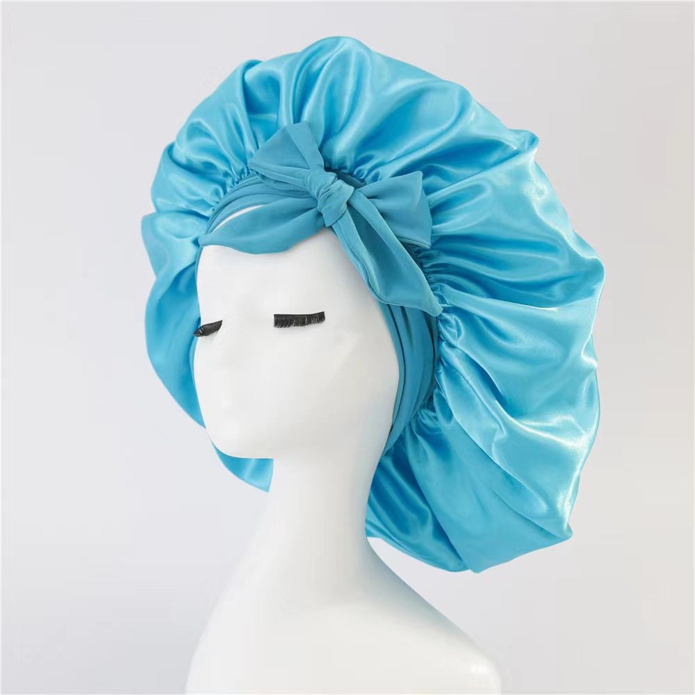 Custom Logo Long Large Braid Hair Women Head Sleeping Stain Bonnets and Satin Silk Hair Wraps Bowknot with Long Tie