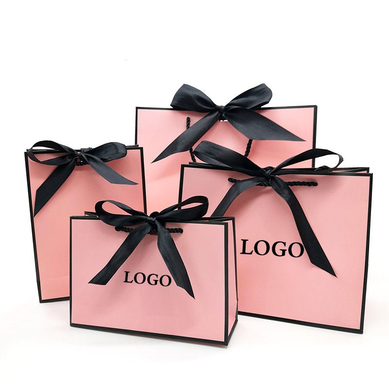 Custom Private Logo Printed White Luxury Shopping Tote Gift Paper Bags With Ribbon Tie Bow For Shoes