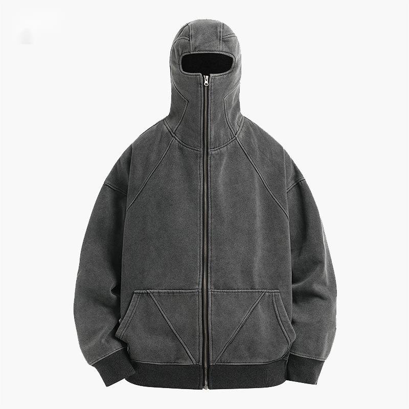 2024 Custom Mens Face Cover Hoodie With Face Masked Cover Heavy Vintage Acid Wash Full Face Zip Up Hoodies With Eye Holes
