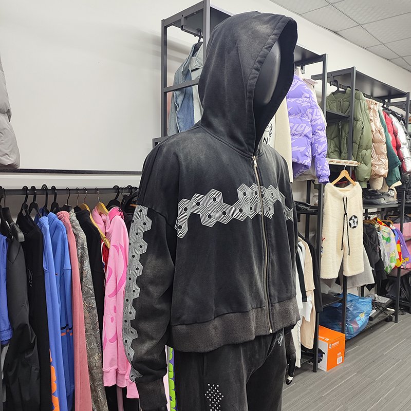 YSJY Manufacturer Streetwear Custom Logo Zip Up Acid Stone Wash Sun Fade Distressed Hoodie For Men