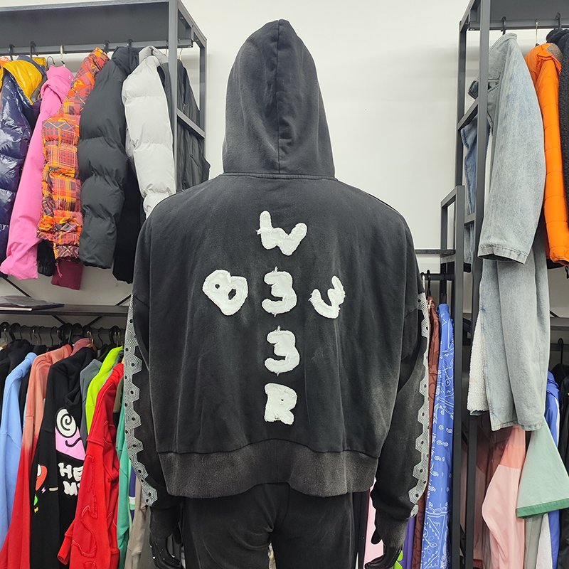 YSJY Manufacturer Streetwear Custom Logo Zip Up Acid Stone Wash Sun Fade Distressed Hoodie For Men