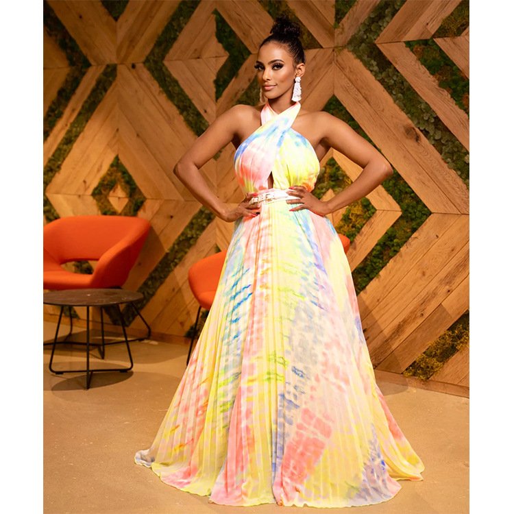 Summer Women Evening Dress Fashion African Clothing High Waist Printed Tie Dye Bohemian Backless Halter Neck Maxi Dress