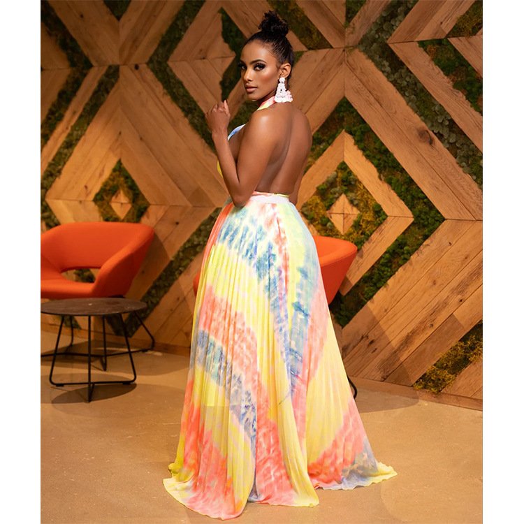 Summer Women Evening Dress Fashion African Clothing High Waist Printed Tie Dye Bohemian Backless Halter Neck Maxi Dress