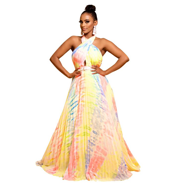 Summer Women Evening Dress Fashion African Clothing High Waist Printed Tie Dye Bohemian Backless Halter Neck Maxi Dress