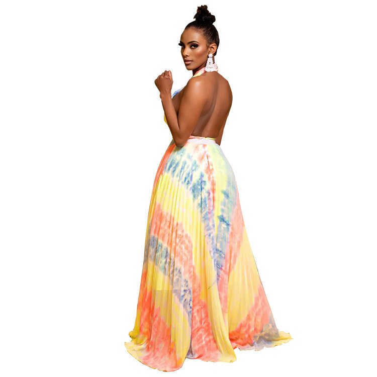 Summer Women Evening Dress Fashion African Clothing High Waist Printed Tie Dye Bohemian Backless Halter Neck Maxi Dress