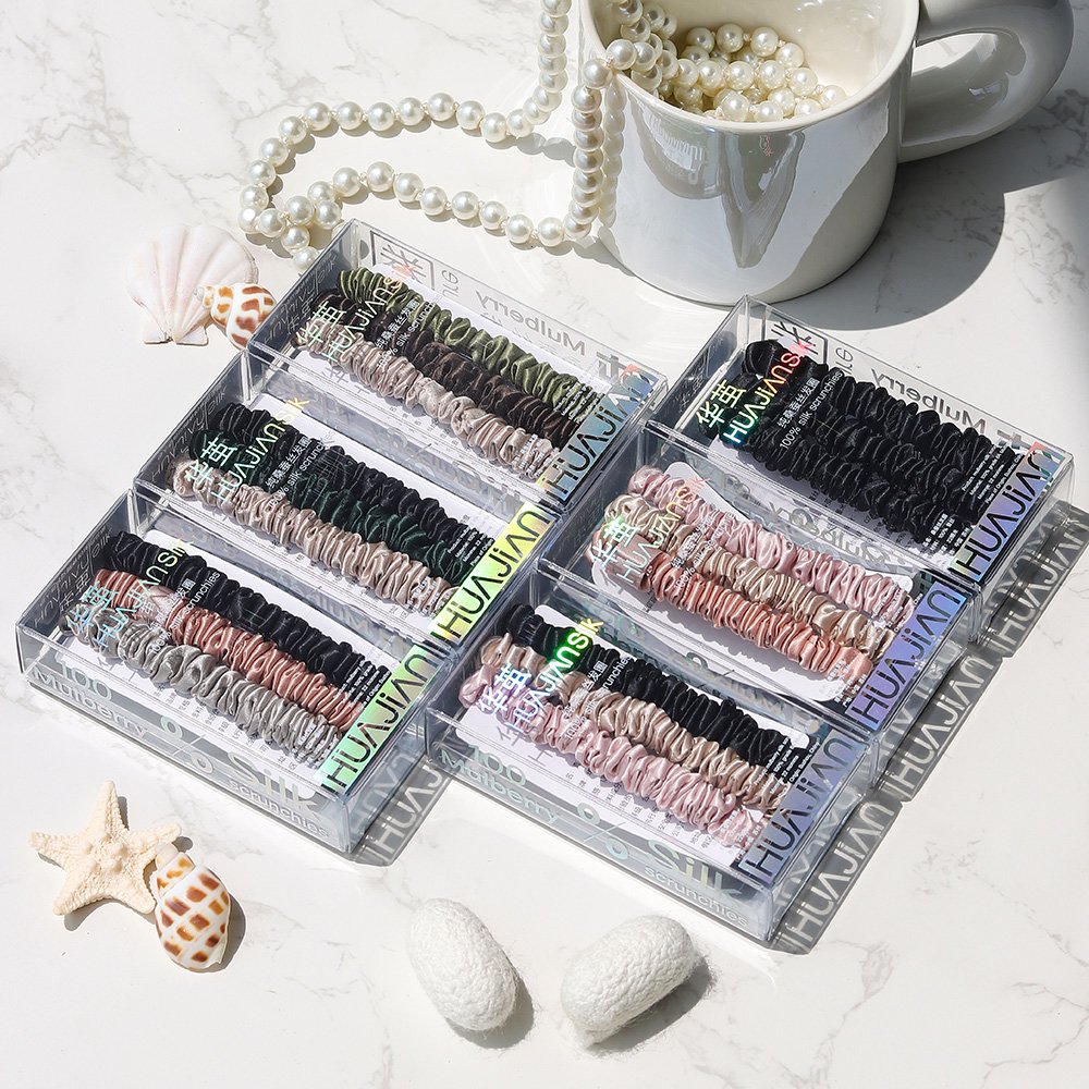 Customized 1cm 100% mulberry silk hair scrunchies hair ties set high quality Customized you brand and Labels packaging