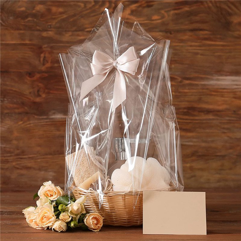 Customized Extra Large Clear Cellophane Gift Bags with Gusset Heat Seal Handle for Crafts and Packaging Ties