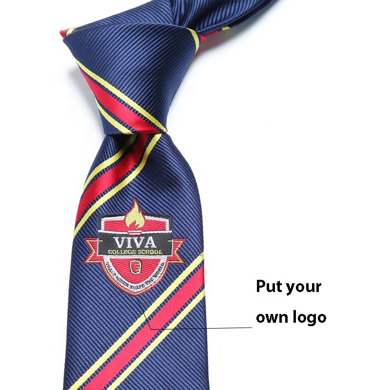 Microfiber striped ties school logo embroidered custom necktie navy blue and khaki