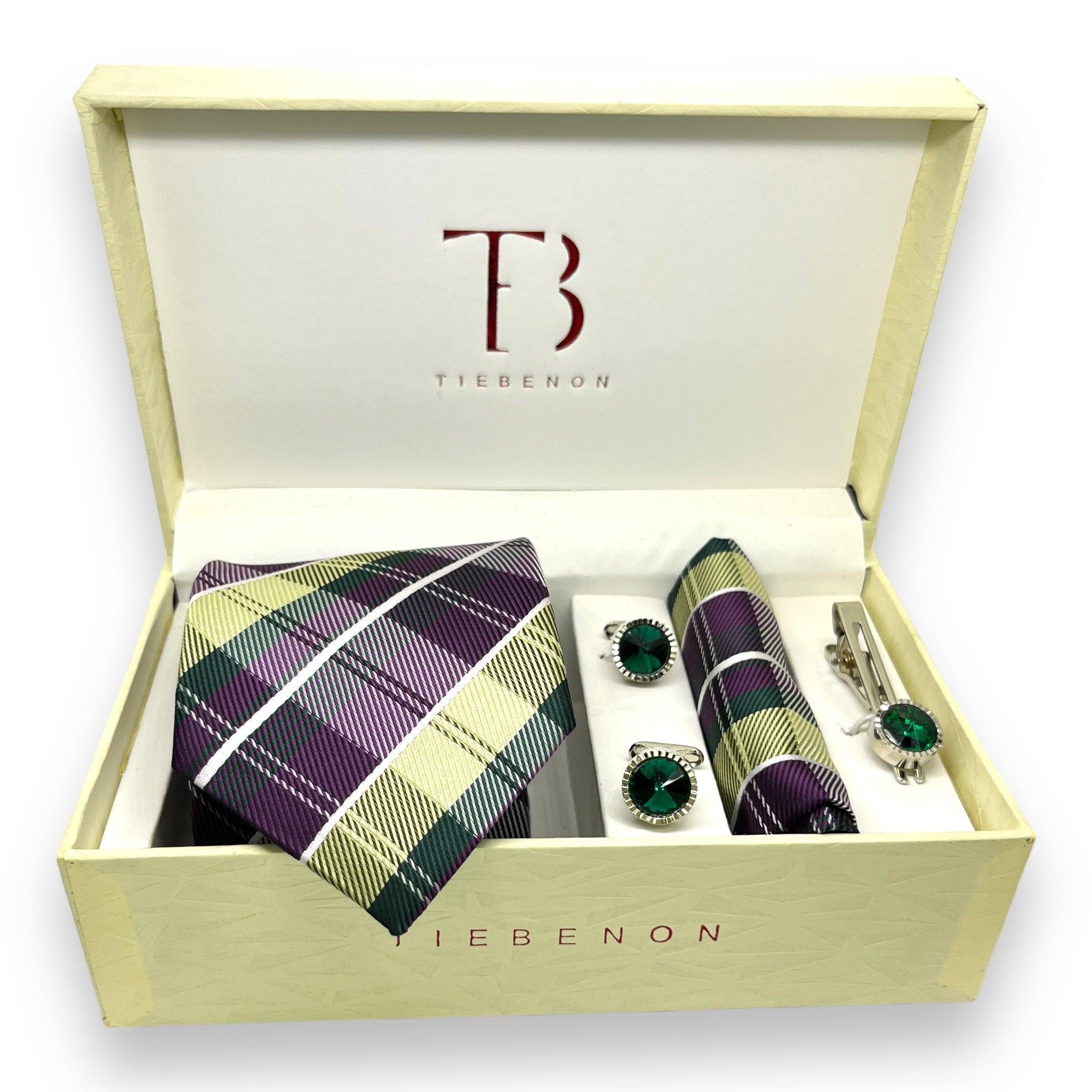 High Quality Purple and Green Plaid Polyester Necktie Jacquard Business Style Tie with Gift Box for Gifts