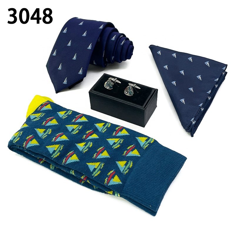 Simple design cufflink pocket square necktie customization add logo corbatas personalizadas bordado men tie and socks set