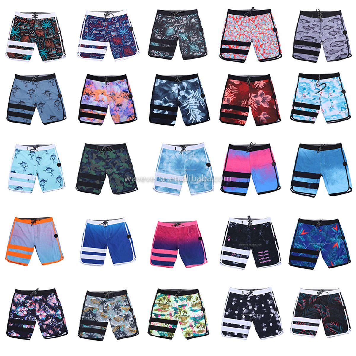 Men's New Waterproof Athletic Casual Beach Pants Breathable Stretch Board Shorts Printed Gym Swimwear with Washed Decoration