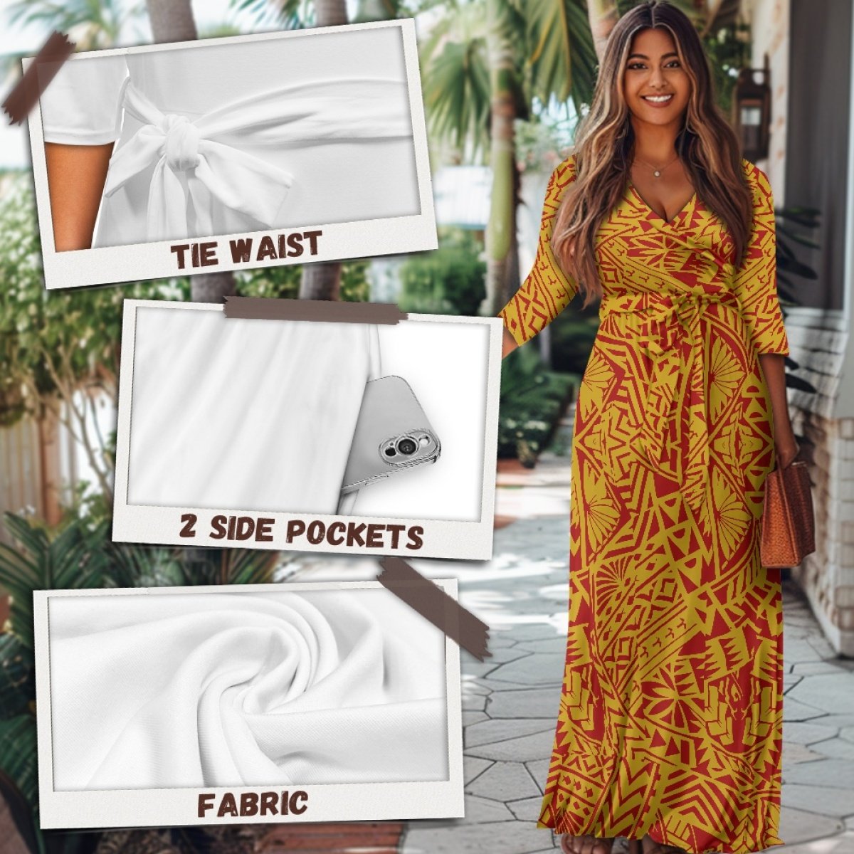 Polynesian Tribal Dress for Women Amazon Casual Summer Sundress Women's V Neck 3/4 Sleeve Party Loose Long Maxi Dress with Belt