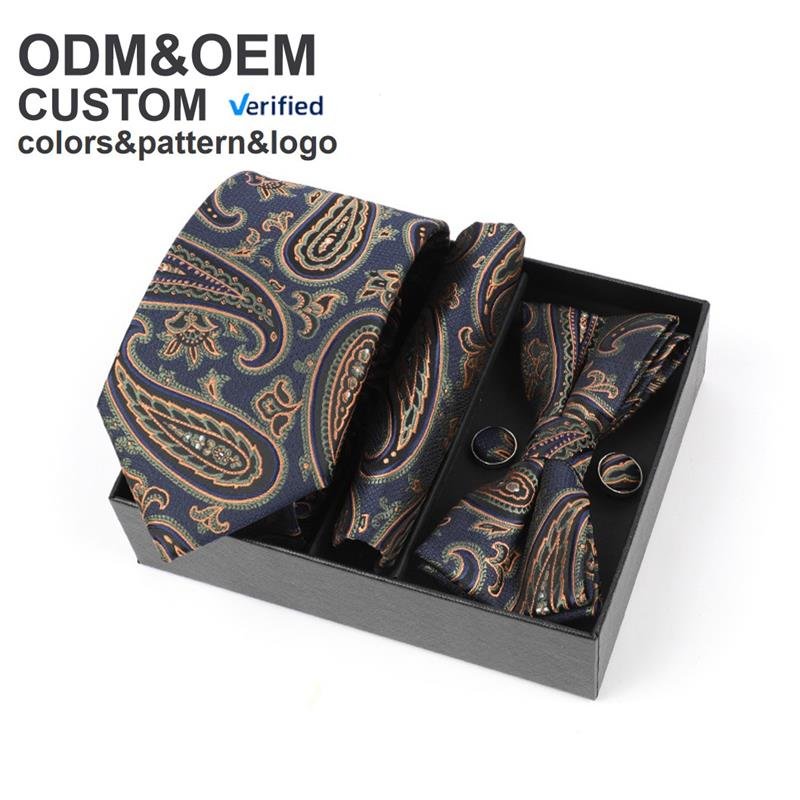 Custom Jacquard Logo Pattern Design Men's Polyester Fabric Neck Tie Bow Tie and Pocket Square Set with Gift Box