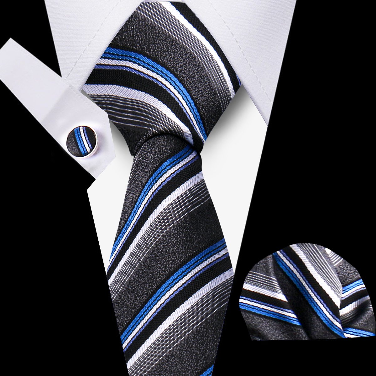Fashion Men Tie Luxury Gold Blue Black Striped Paisley Silk Wedding Tie For Men Hanky Cufflinks Gift Tie Set