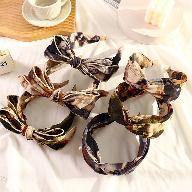 Vintage tie dye fabric bow headband wide edge hair clip temperament simple women outdoor hair clip