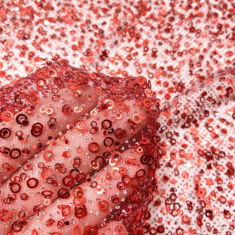 in-stock Best Sale Luxury Red Beaded Mesh Tulle Sequin Fabric for wedding luxury Bridal dress