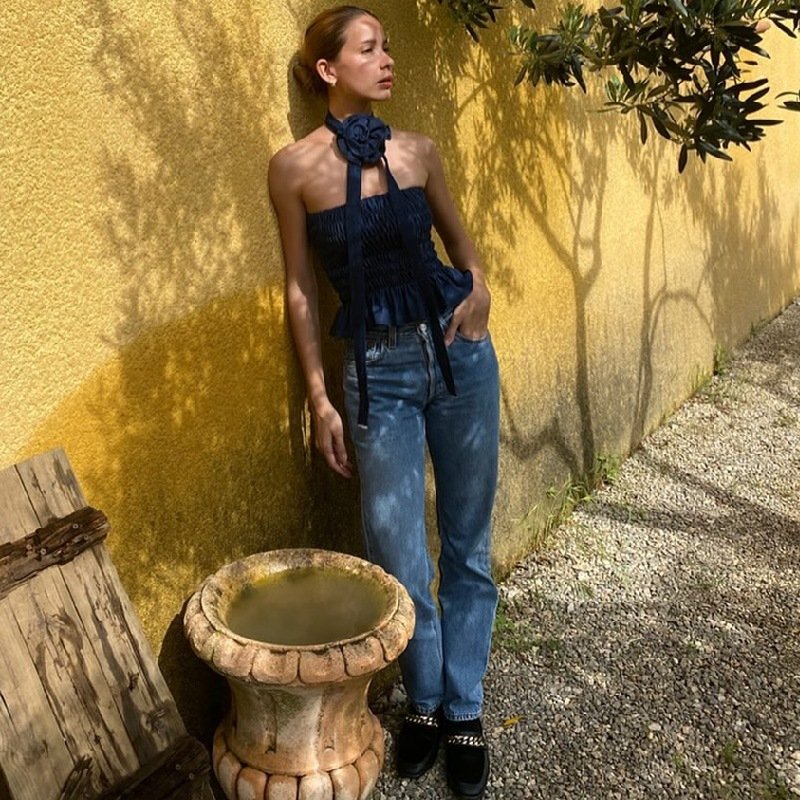 2024 Summer Women's Simple Solid Color Denim Tube Top New Casual Elegant Digital Printing 3D Flower Sleeveless Stretch Vest 2916