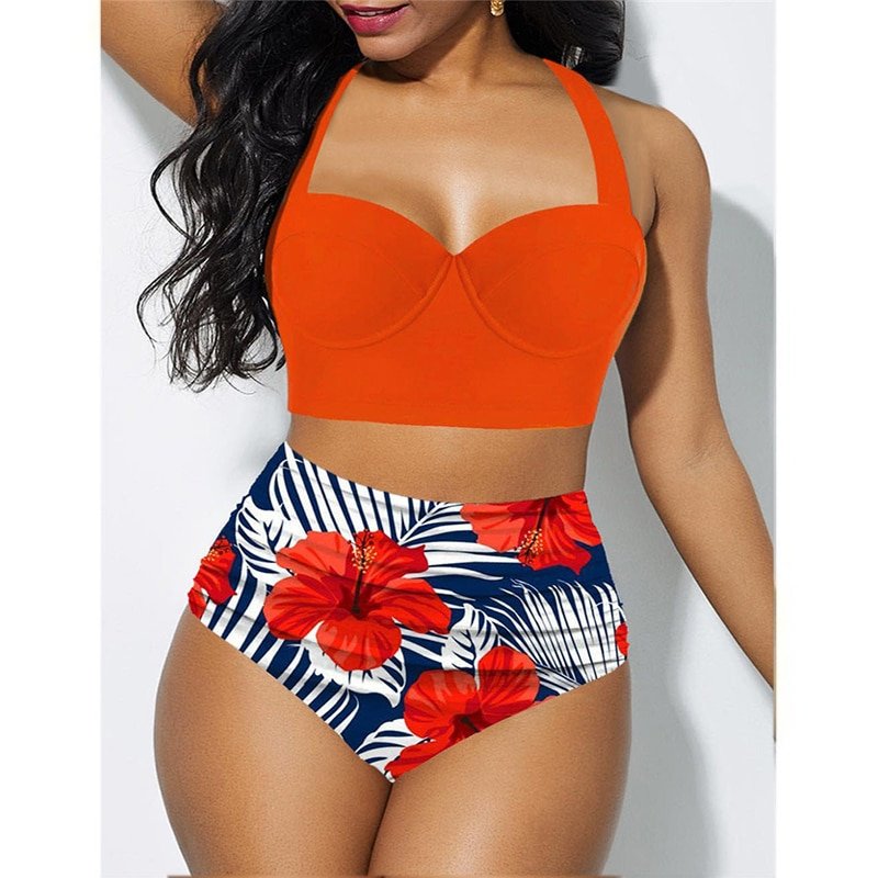 New Summer Bathing Suit Beachwear Womens Sexy Push Up Bikini Set High Waisted Swimsuit Florals Bathing Suit Swimwear