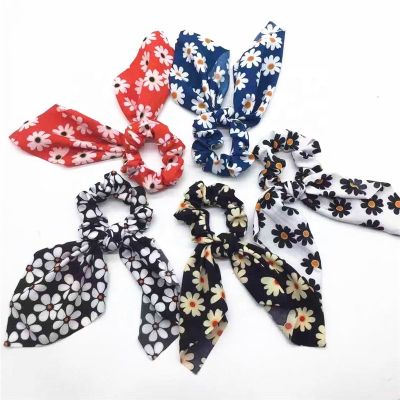 Ladies Print Daisy Flower Bow Scrunchies WithTies Women Hair Accessories Wholesale