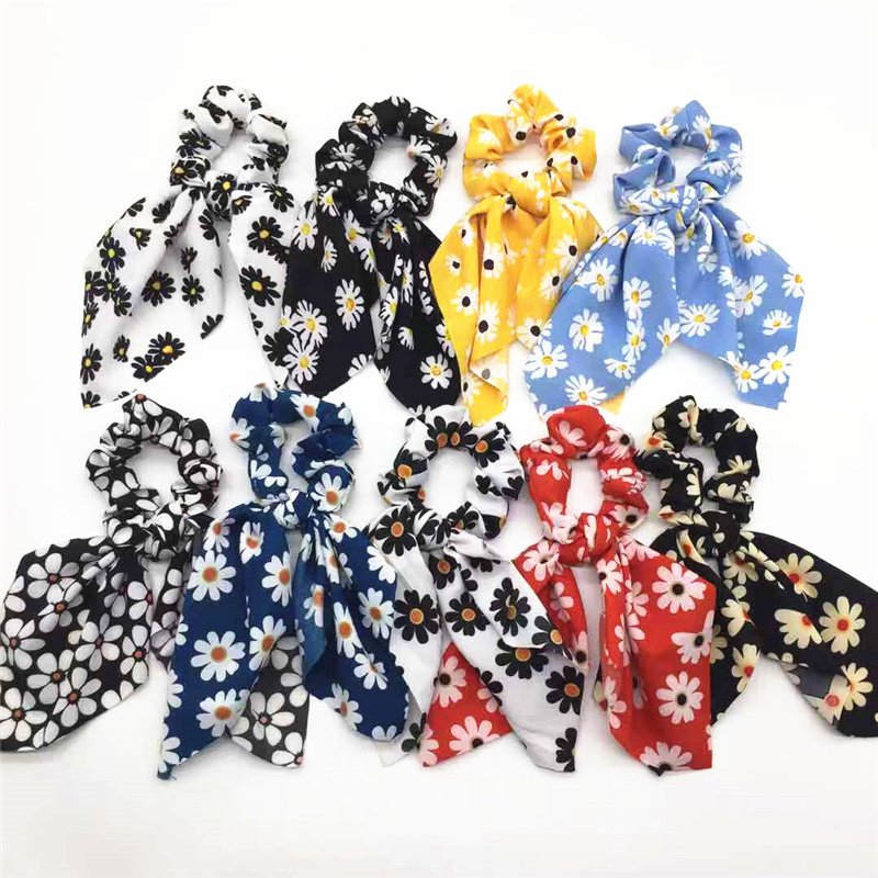 Ladies Print Daisy Flower Bow Scrunchies WithTies Women Hair Accessories Wholesale