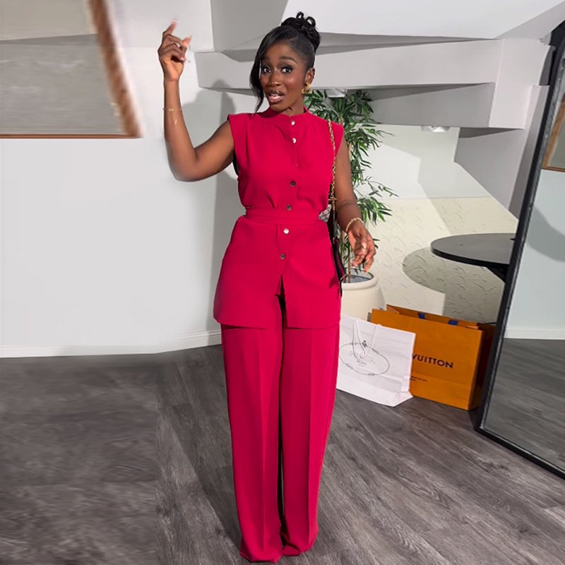 summer women's clothing ladies stand up collar breasted cinched waist tie shirt top wide leg trouser two piece women pants sets