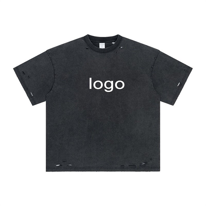 Acid washed 100% cotton tees distressed cropped hole t shirt custom high quality casual Rock vintage crew neck t shirt men