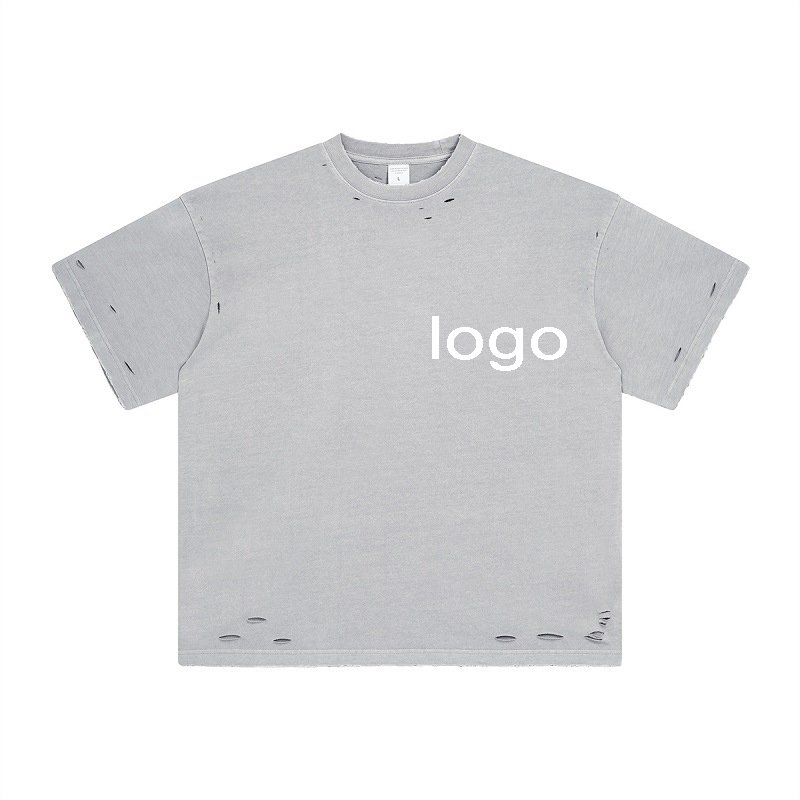 Acid washed 100% cotton tees distressed cropped hole t shirt custom high quality casual Rock vintage crew neck t shirt men
