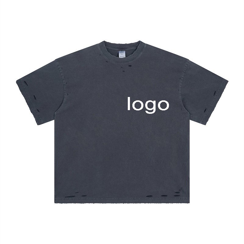 Acid washed 100% cotton tees distressed cropped hole t shirt custom high quality casual Rock vintage crew neck t shirt men