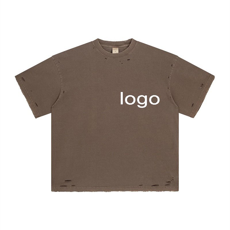 Acid washed 100% cotton tees distressed cropped hole t shirt custom high quality casual Rock vintage crew neck t shirt men