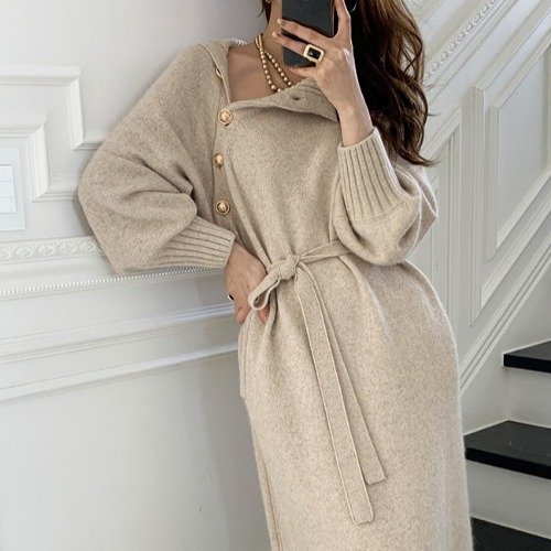 Autumn All-match Tie Waist Knitted High Collar Sweater For Women