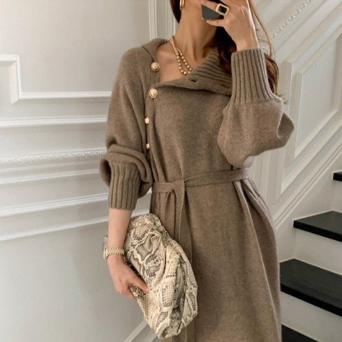 Autumn All-match Tie Waist Knitted High Collar Sweater For Women