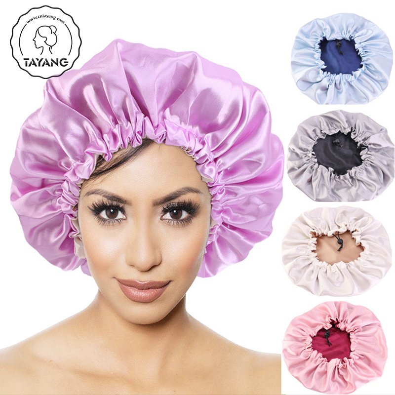 New Adjustable button Custom Logo Elastic Double Layer Adjustable Drawstring Ties For Women Design Satin Bonnet
