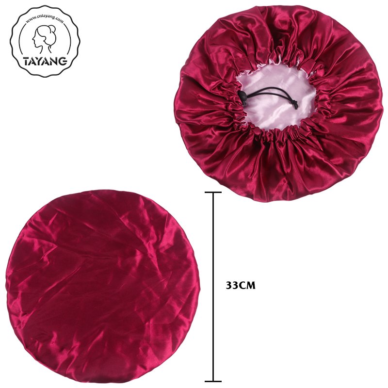 New Adjustable button Custom Logo Elastic Double Layer Adjustable Drawstring Ties For Women Design Satin Bonnet